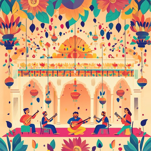 An energetic instrumental piece that blends traditional hindustani melodies with modern rhythms to evoke the vibrant atmosphere of a grand celebration. The music showcases the rich textures of indian classical instruments, creating a joyful and uplifting soundscape.