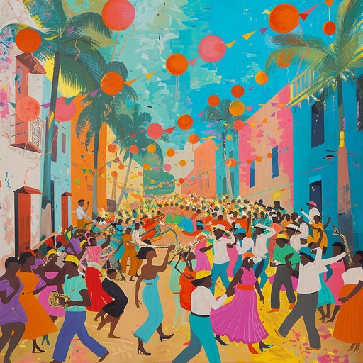 Picture a lively street filled with dancing, laughter, and vibrant colors. The music uses spirited percussion beats and dynamic brass to evoke the excitement and energy of a festive celebration.