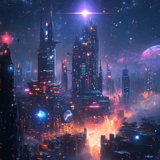 A cosmic themed kpop instrumental blending powerful synth leads with orchestral crescendos, crafting an uplifting anthem perfect for a grand stage performance