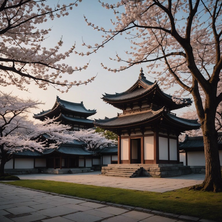 Focus on a peaceful garden as evening approaches, highlighted by the soft, melodious plucking of a koto that enhances the listener's feeling of being present in this captivating environment.