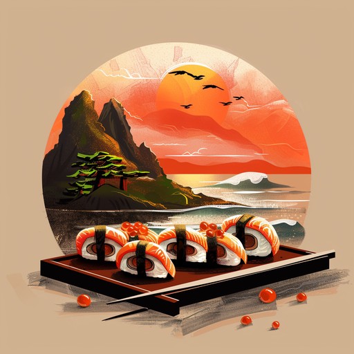 A heartwarming instrumental piece that captures the essence of japanese cuisine, particularly focusing on the art of sushi making. The music should evoke images of a skilled sushi chef carefully crafting each piece, while the warm hues of a setting sun bathe the restaurant in a comforting glow. The melody should be gentle and inviting, with a touch of traditional japanese elements.