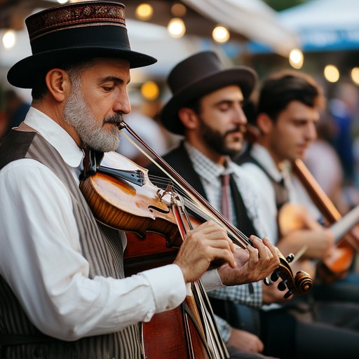 Experience the thrill of a vibrant klezmer band playing energetic melodies and fast paced rhythms, evoking the spirit of festivity and joy in a close knit community