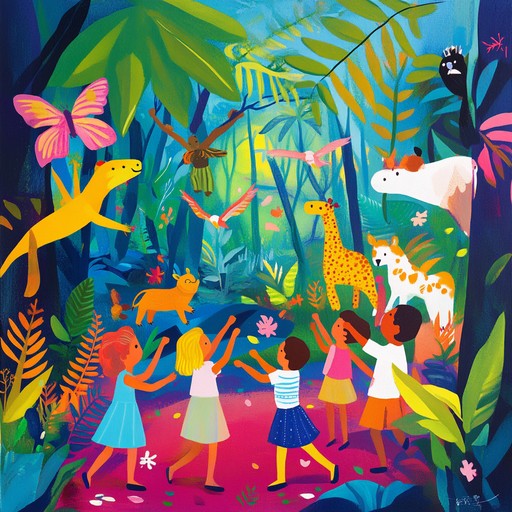 An exciting, upbeat children's song featuring the sounds of the jungle combined with dynamic percussive rhythms. It invites kids to get up and dance, imagining an adventurous trek through a vibrant rainforest. The track features catchy melodies, lively beats, and playful sound effects to keep the energy high and the mood joyous.