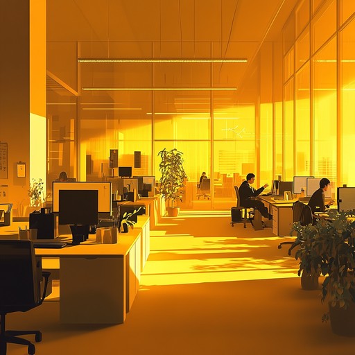 Chirpy and uplifting muzak blending light percussion and dreamy synths, perfect for bringing an aura of calm productivity and gentle enthusiasm to a bustling office environment. The light, vibrant tones provide a pleasant backdrop while stimulating a serene yet dynamic atmosphere.