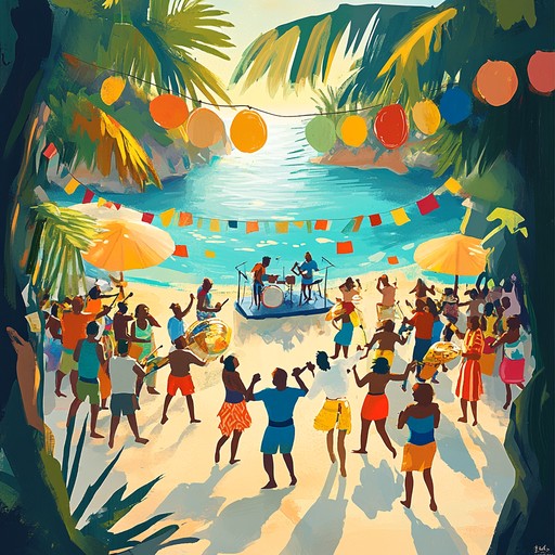 A lively and grand calypso instrumental capturing the spirit of island warriors as they celebrate their triumphs with exuberant dance and joyous rhythms, evoking a sense of epic storytelling and tropical festivities at sunset