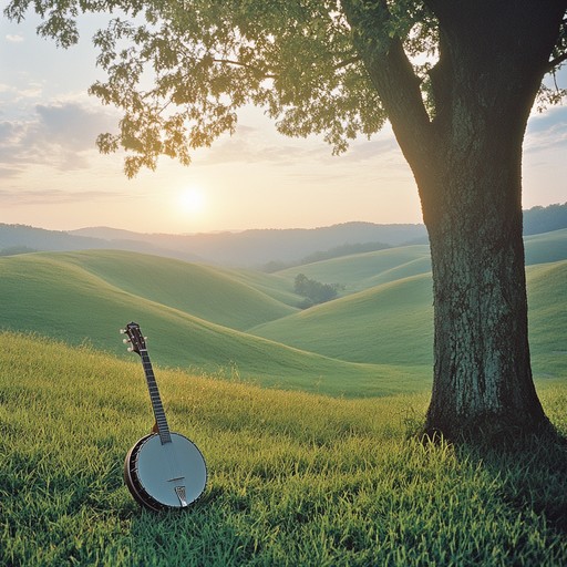 An instrumental bluegrass piece featuring lively banjo and fiddle, evoking the feeling of a sunrise over rolling hills, inspiring hope and joy in the listener.