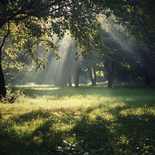 Envision a warm, serene meadow with the soft strumming of guitar strings, creating a relaxed and joyful atmosphere that captures the essence of a perfect summer day.