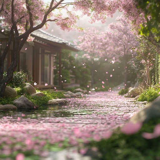 Envision a quiet, scenic garden filled with blooming cherry blossoms gently swaying in the breeze. This serene composition provides a calming, melodious backdrop with delicate piano and flowing strings, reminiscent of peaceful anime moments.