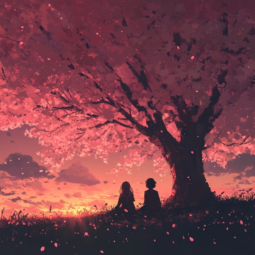 A heartfelt, soft instrumental capturing the gentle melancholy of anime memories during a twilight cherry blossom season, with delicate piano and strings creating a serene, bittersweet atmosphere.