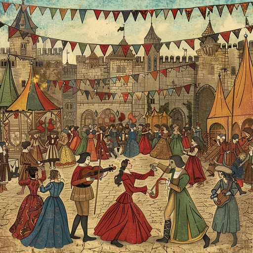 Step into a vibrant medieval world with an energizing troubadour song, featuring dynamic dance rhythms and lively melodic strums. This composition evokes the spirit of medieval fairs, is lively and invigorating, and resonates with joy and excitement.