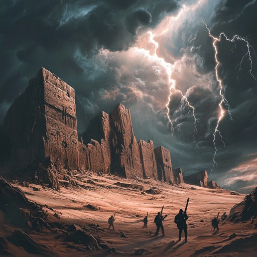 Venture into ancient desert ruins with a powerful metal guitar sound that blends mesmerizing middle eastern melodies with intense riffing and dynamic solos, creating an electrifying and mystic atmosphere