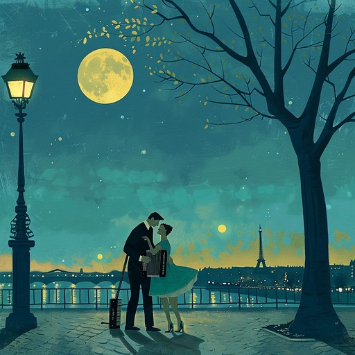 Dance intimately through charming parisian streets, with a moonlit sky casting a soft glow and an accordion gently leading the steps of a tender waltz, evoking cherished memories and heartfelt moments.