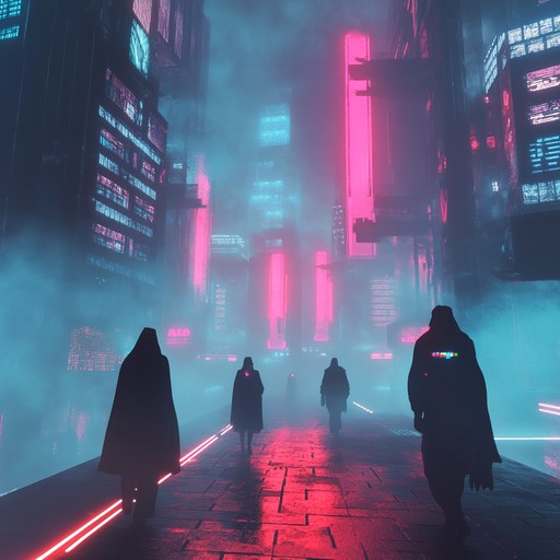 Experience a nightmarish future with sinister synth pulses and ominous beats. This composition paints a shadowy world of neon glow and lurking threats, blending chilling synth atmospheres with rhythmic intensity