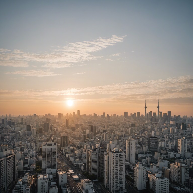 Imagine standing at a high vantage point in tokyo during the early morning hours. The city slowly awakens as light washes over the skyscrapers, and the sounds of the koto blend with a programmed, gentle muzak backdrop, creating a tapestry of sound that celebrates the convergence of different worlds into a single uplifting moment.