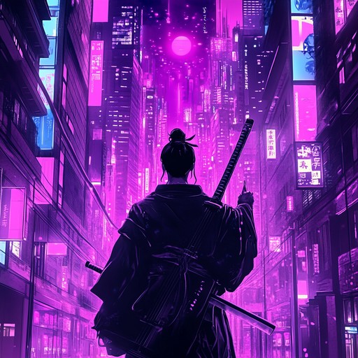 An instrumental piece that combines the ancient sounds of a shamisen with futuristic synth elements, reflecting a narrative of a samurai navigating through a neon lit tokyo. The music is fast paced with a blend of traditional japanese music and vibrant electronica, symbolizing the clash between past and future.