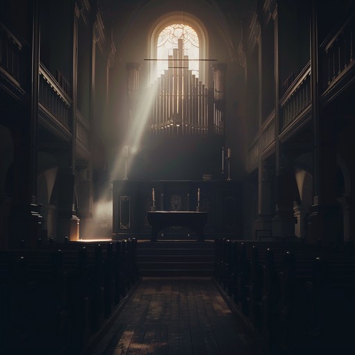 A spectral blend of gospel hymnals and ghostly undertones, featuring chilling organ music reverberating through a dimly lit space, evoking a reflective, uneasy spiritual experience.