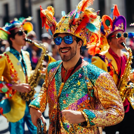 Experience the spirited sounds of a lively street parade, filled with infectious melodies and rhythmic brass accompaniments that capture the essence of festive carnival traditions.