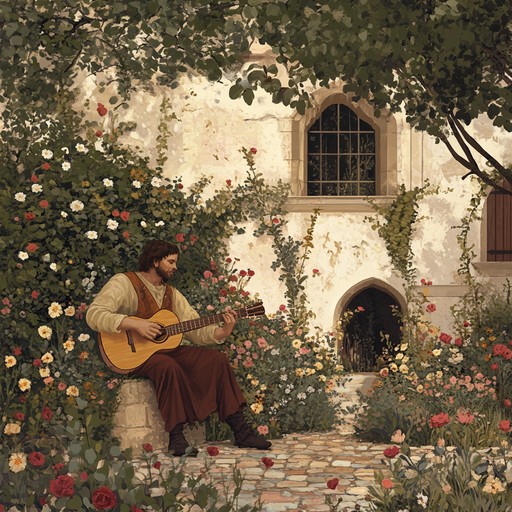 A gentle, soothing instrumental piece set in a lush medieval garden, featuring acoustic guitar serenades and delicate flute interludes, evoking timeless tranquility and romance.