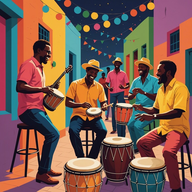 A song that encapsulates the joyous nightlife of a latin american festival, where the air is thick with anticipation and the energy of generations dancing together under moonlight. It symbolizes the universal joy of shared moments and the seamless blend of ancient rhythms with the laughter of the present.