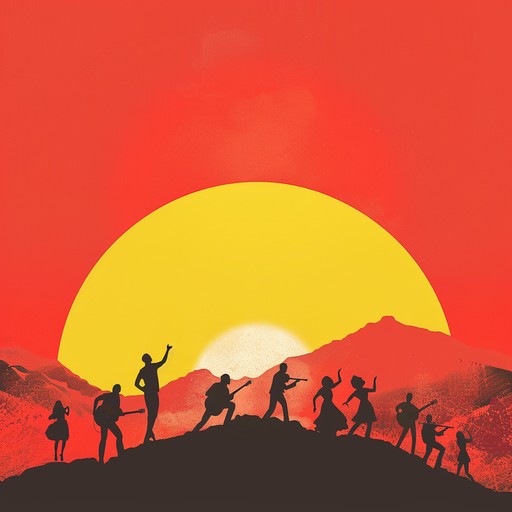 An energetic bluegrass tune featuring fast paced banjo picking, lively fiddle solos, and a rhythmic double bass, creating the ambiance of a jubilant mountain gathering at sunrise. This song evokes imagery of people dancing, clapping, and celebrating amidst the natural beauty of rugged terrain and bright morning light.