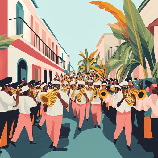 Imagine a lively street party with energetic funk rhythms intertwining with sophisticated jazz improvisations. Bright brass sections and infectious syncopated beats create an irresistible urge to dance and celebrate.