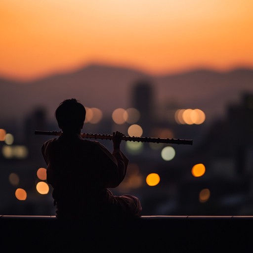 As twilight descends upon the traditional architecture of kyoto, a lone bamboo flute player perched atop a hill overlooks the city, their soulful melodies mingling with the evening air, creating an aura of peaceful solitude and timeless beauty.