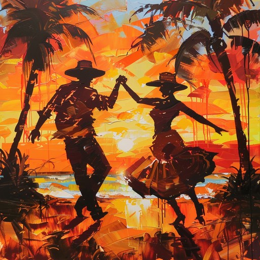 Imagine a beach at sunset, the air filled with the vibrant rhythms of latin jazz. A smooth blend of energetic samba beats and sultry melodies create an irresistible dance atmosphere, capturing the spirit of a festive latin evening by the shore.