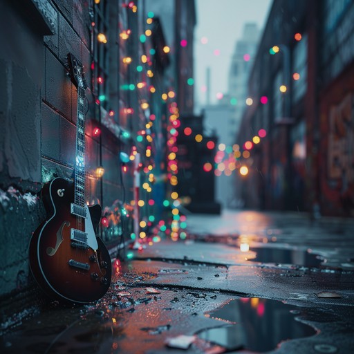 Infuse grunge vibes into the holiday spirit with gritty electric guitar riffs, raw and unapologetic in style. Imagine warm festive lights casting shadows in a grunge alley, giving a nonconformist edge to traditional holiday sounds. This track will evoke a rebellious yet celebratory mood, perfect for unconventional holiday parties.