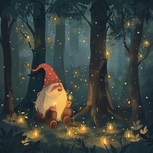 A lively polka composition brimming with whimsical charm, capturing the joyful dance of forest gnomes under the glistening night sky, with accordion melodies twirling around twinkling fireflies