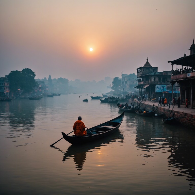 This piece dramatically captures the serene and spiritually uplifting moment of sunrise over the ganges in varanasi, using classical indian raga to blend traditional sounds with a contemporary sensibility. The melody reflects the interplay of light and water, invoking a deep sense of peace and transcendence.