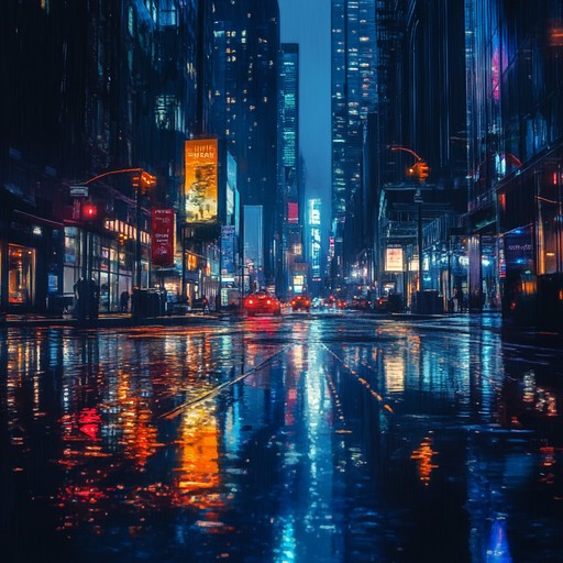 A contemplative trip hop track featuring intricate beats, lush atmospheres, and melancholic melodies inspired by the feeling of a rainy day in a bustling cityscape. The music blends organic and electronic elements, ideal for a sophisticated and reflective auditory experience.