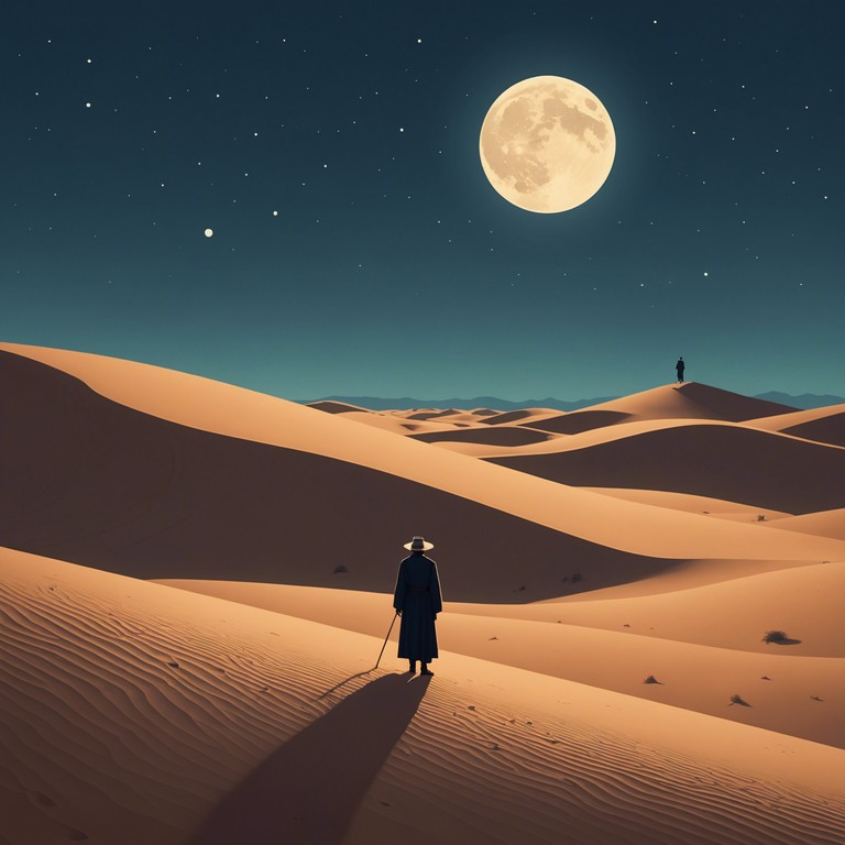 An atmospheric composition that uses haunting musical drones to evoke the vast, menacing silence of the sahara desert at night. A singular oud leads the melody, casting long musical shadows that mimic the eerie calm of the nighttime desert.