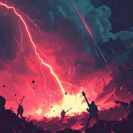 A symphony of electric guitars and orchestral elements, merging heavy riffs with majestic melodies to create a powerful and epic soundscape reminiscent of a battle's glory and triumph.