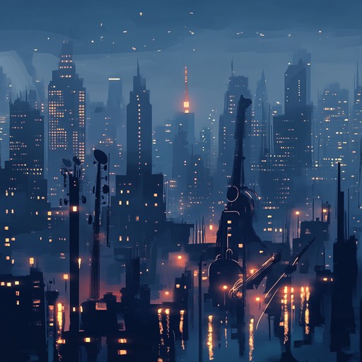 Create an immersive orchestral symphony inspired by the dynamic and mysterious ambiance of the city at night. Integrate strings, brass, and ambient city sounds to evoke stories of midnight magic, solitude, and urban intrigue.