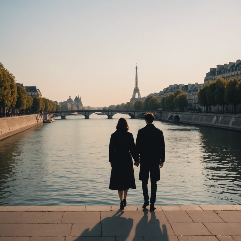 Imagine an intimate acoustic guitar performance, specifically composed to enhance the emotions of a loving couple enjoying a serene night stroll near the seine, with each note playing like soft whispers of love.