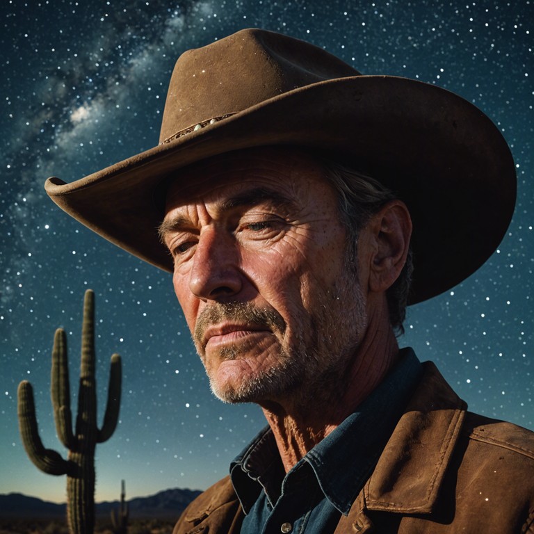 In the heart of the desert under a blanket of stars, a cowboy pauses, his face bathed in moonlight, to contemplate life's winding road. The music slowly builds around him, the acoustic guitar's melancholy tune mingling with the whispers of the desert night, reflecting his introspective journey.