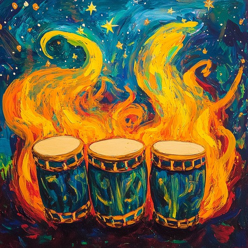 A vibrant instrumental rumba featuring dynamic conga rhythms, blending traditional cuban beats with modern flair, capturing the essence of nocturnal celebrations under a moonlit sky.