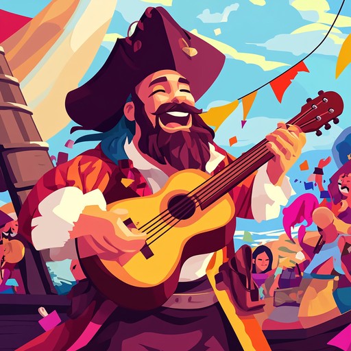 A lively and whimsical instrumental track that combines the cheerful strumming of a ukulele with energetic pirate style polka rhythms, creating a fun and quirky atmosphere perfect for a party or festive setting.