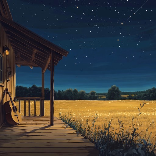 An elegantly crafted instrumental piece with gentle guitar strums and soothing fiddle melodies, capturing the serene essence of a tranquil countryside evening. The music flows in a waltz rhythm, bringing forth nostalgic memories of open fields and quiet nights under the stars.