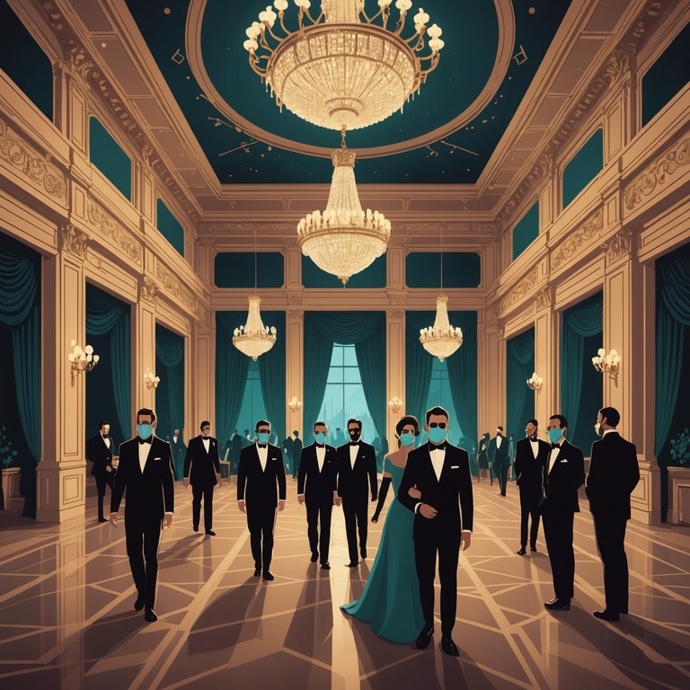 An instrumental that conveys the mysterious and dark allure of an opulent, secretive ball where guests wear glamorous masks. The music weaves through the shadow of intrigue and the shimmer of the enigmatic glam, building a captivating auditory experience that teeters between luxury and dark secrets.