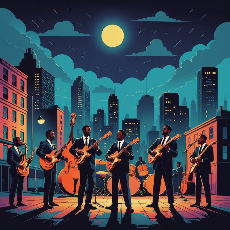 A powerful jazz track that simulates the roaring echo of thunder through a vibrant cityscape, led by virtuoso saxophone performances, layered with lively brass backgrounds, and rhythmic thunder strikes of drums providing a climactic experience