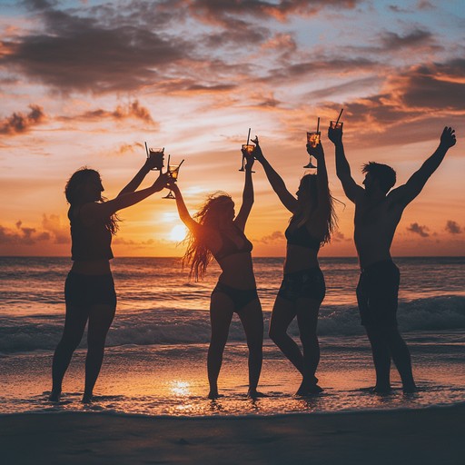 Visualize a lively beach scene during sunset where friends gather to dance and enjoy the warm evening. The song features energetic ukulele strums accentuated by melodic steel drums and rhythmic maracas. A vibraphone adds a layer of cheerful resonance, providing a perfect soundscape for a tropical themed party. This instrumental track combines elements of surf rock and tropical house, delivering an upbeat and happy vibe