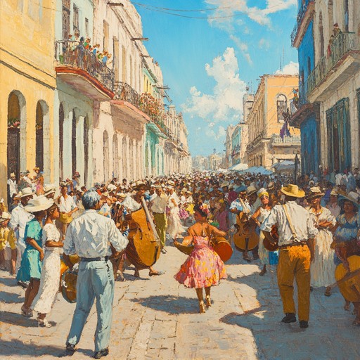 This track immerses listeners in a festive afro cuban carnival atmosphere, featuring vibrant percussion, lively horns, and energetic rhythms. It captures the joyous spirit of havana's street parties, making you move to infectious beats.