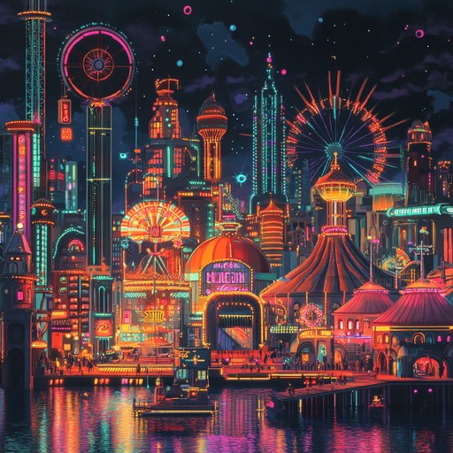 Enter a retro futuristic dreamscape filled with playful clowns, acrobats, and neon lights, creating a whimsical, dreamlike synthwave journey