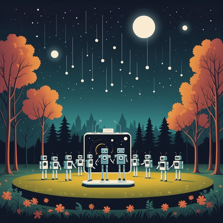 In a fantastical setting where time stops at night, robotic toys take the stage in a playground, orchestrating an electronic symphony that bridges the gap between technology and nostalgia. The sound of their music fills the air with pulsating lights and joyful energies, captivating all who listen