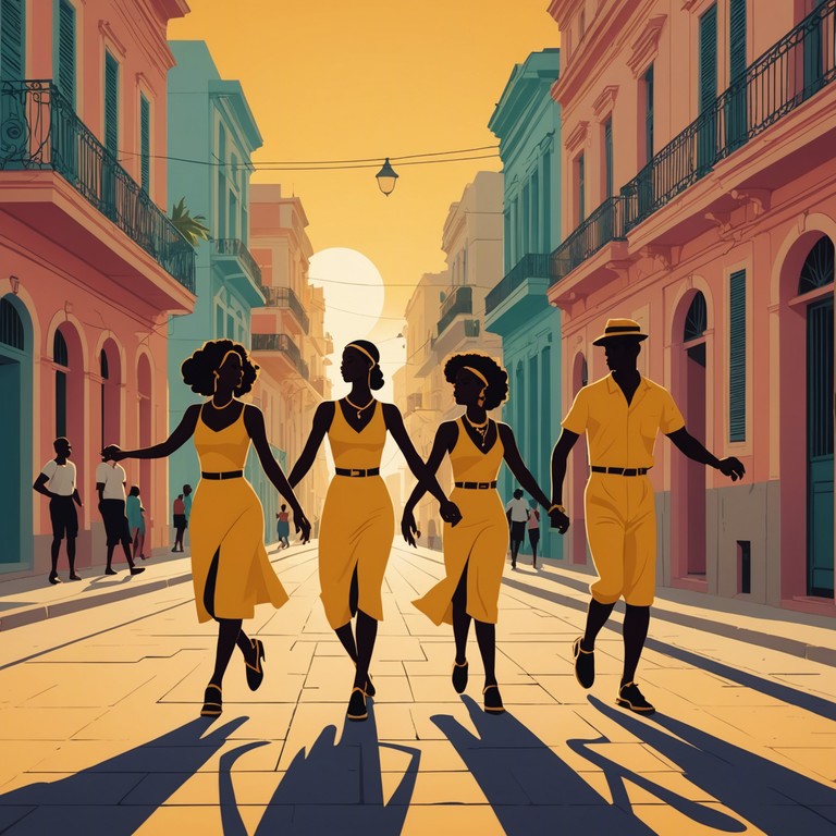 Imagine a hidden alley in havana, where the sunset casts long shadows and dancers move to a mambo beat that whispers secrets. The energy is both uplifting and subtly charged with the enigmatic spirit of the city.