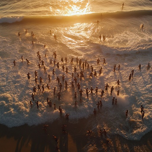 A vivid musical portrayal of a bustling caribbean beach festival as the sun dips below the horizon, filled with energetic dances and the melodic charm of steel drums.