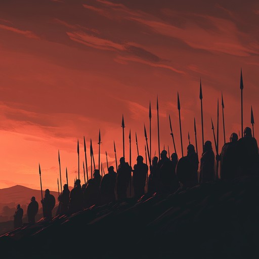 An orchestral metal track that combines the intense energy of heavy metal with the grandeur of a symphonic orchestra, depicting an ancient army's charge into battle under a blood red sky.