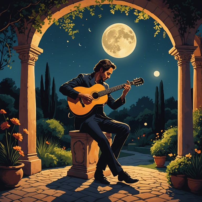 A musical journey back to ancient al andalus, where the flamenco guitar's deep strums resonate under a haunting full moon, evoking emotions of longing and intertwined cultural narratives.