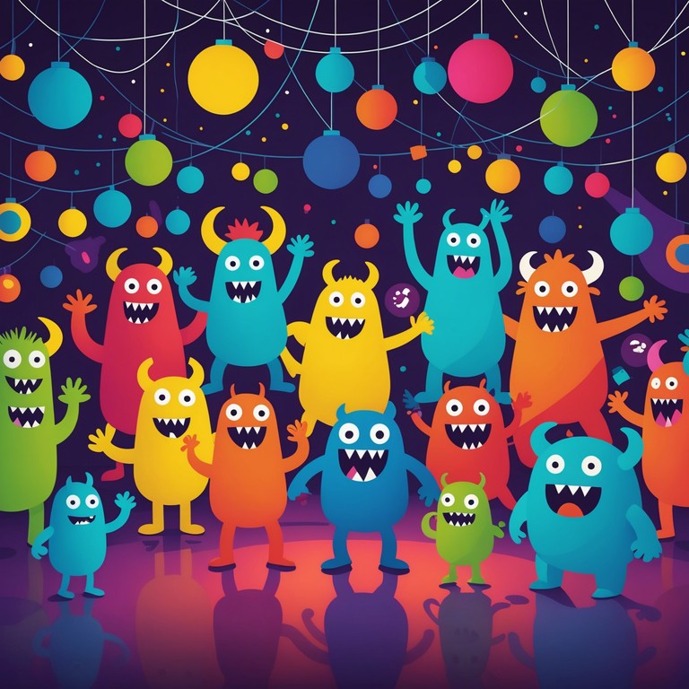 A vibrant and playful composition that captures the mischievous antics of imaginary monsters having a dance party. The music intertwines a lively melody with unpredictable rhythms and surprises, creating a fun and engaging auditory experience ideal for children’s entertainment.